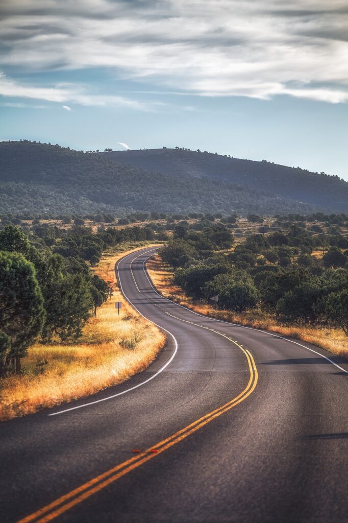 road, trees, desert, hill, arizona, nature, landscape